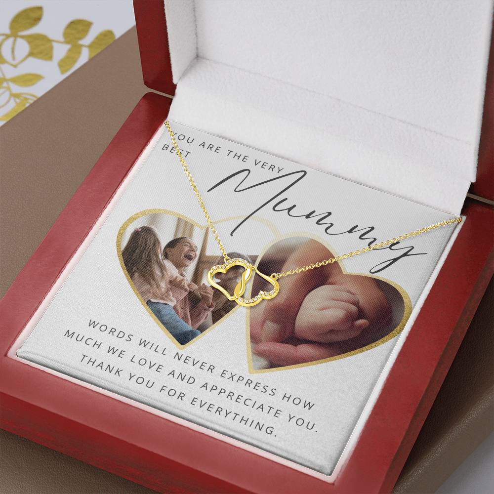 Gold Diamond Interlocking Hearts Necklace with Personalized Photo Mummy Message Card