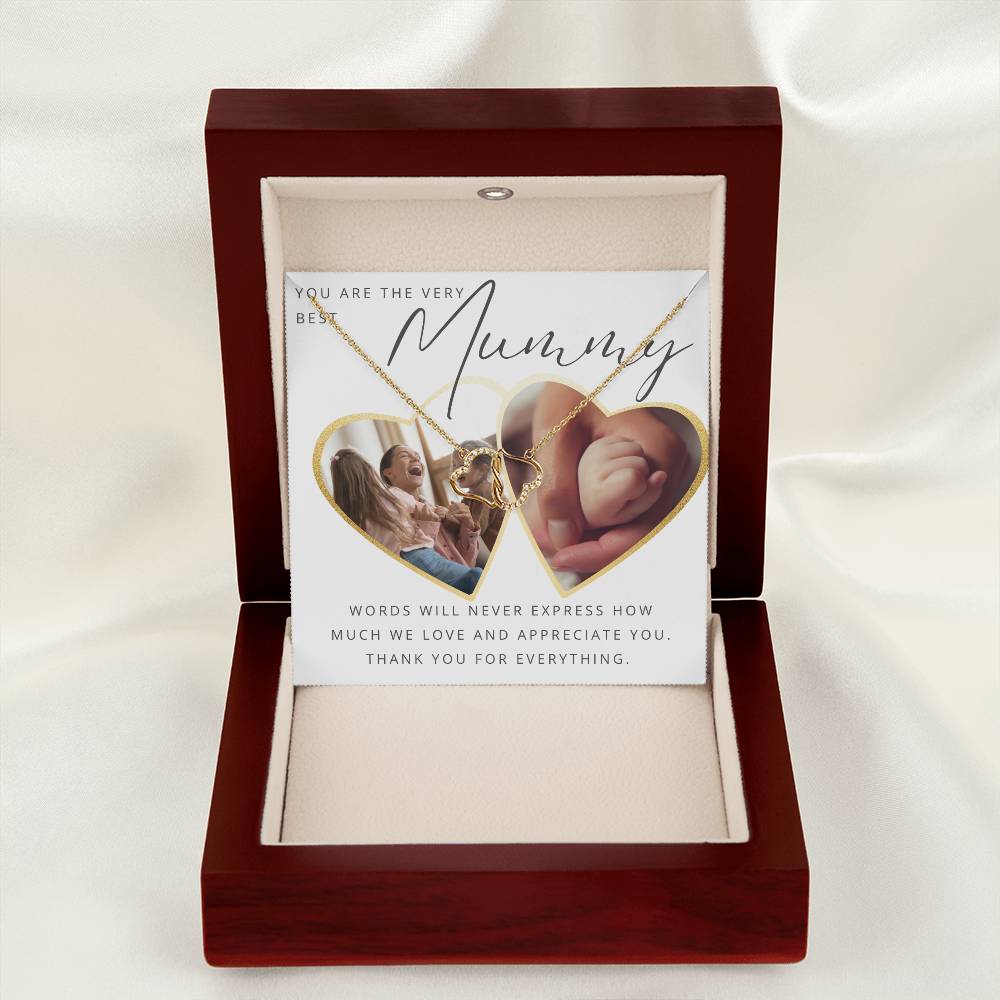 Gold Diamond Interlocking Hearts Necklace with Personalized Photo Mummy Message Card