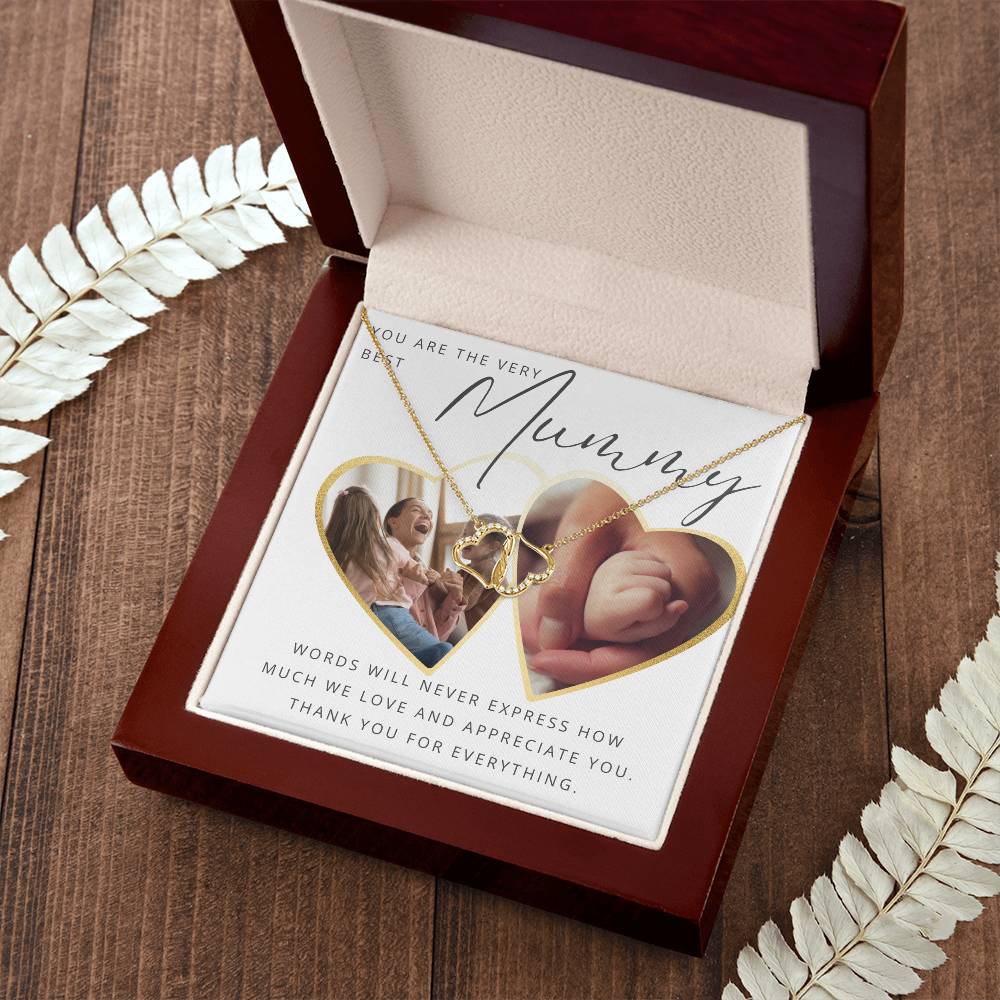 Gold Diamond Interlocking Hearts Necklace with Personalized Photo Mummy Message Card