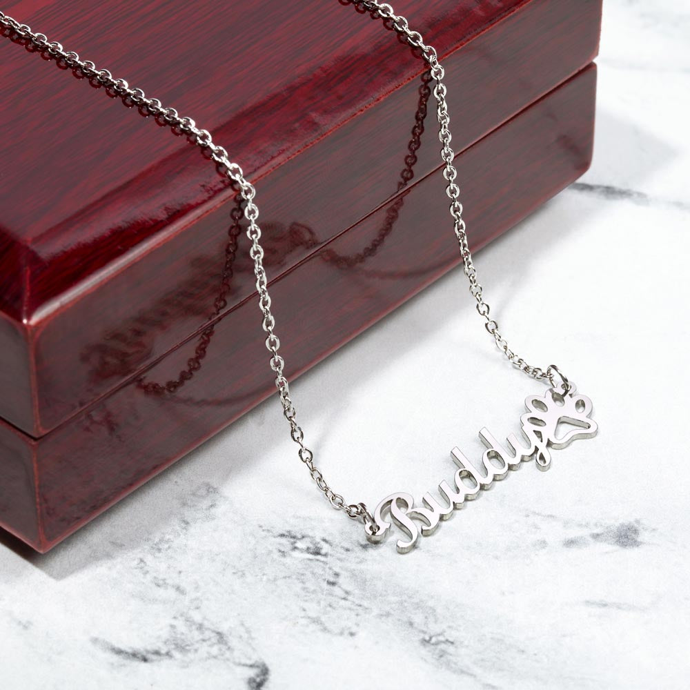 Elegant Script Pet Name Paw Necklace