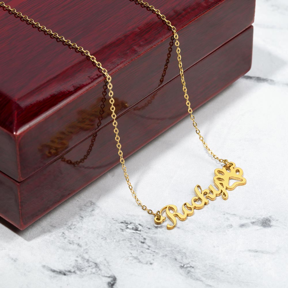 Elegant Script Pet Name Paw Necklace