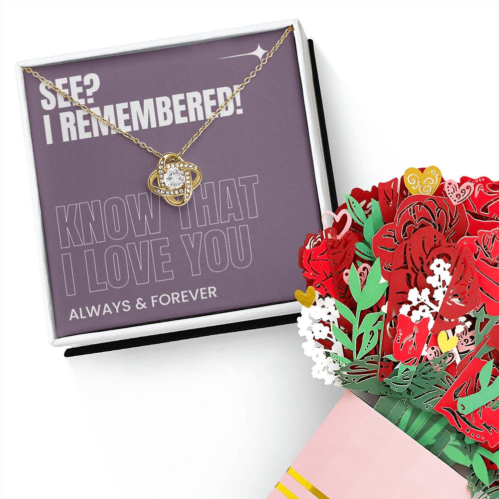 I Remembered! Bundle | Love Knot Necklace & Intricate Card Flower Bouquet