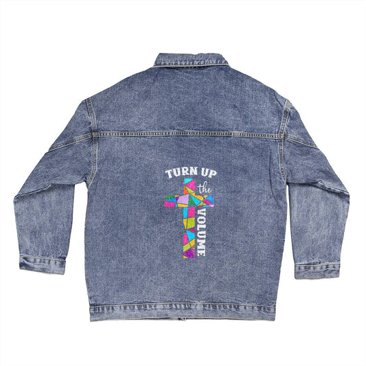 Turn Up the Volume - Jesus is Alive! Christian Cross Woman's Oversized Denim Jacket