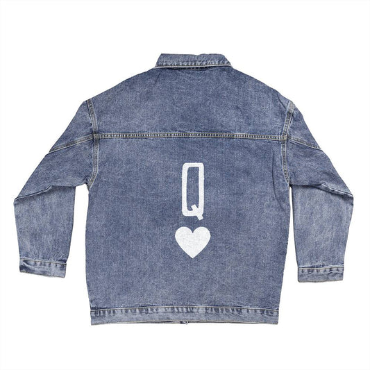 Queen of Hearts White Women's Oversized Denim Jacket